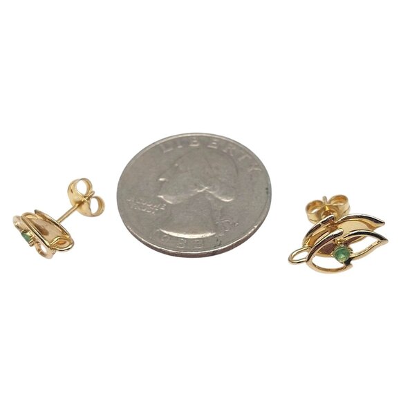 Vintage Open Gold Filled Leaf Stud Earrings with Emerald Accent 14K GF - Picture 8 of 8